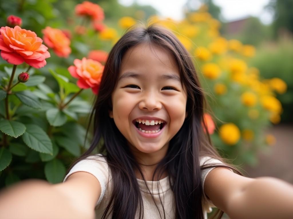 This image depicts a joyful young girl taking a selfie outdoors. She has long, dark hair and a bright smile full of happiness. The background is vibrant with blooming flowers and greenery. Her cheerful expression reflects warmth and positivity. This scene showcases the essence of youth and a connection with nature.