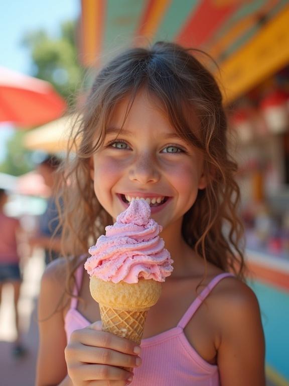 Girl holding an ice cream cone with a colorful background. Bright and hyper-realistic photo.