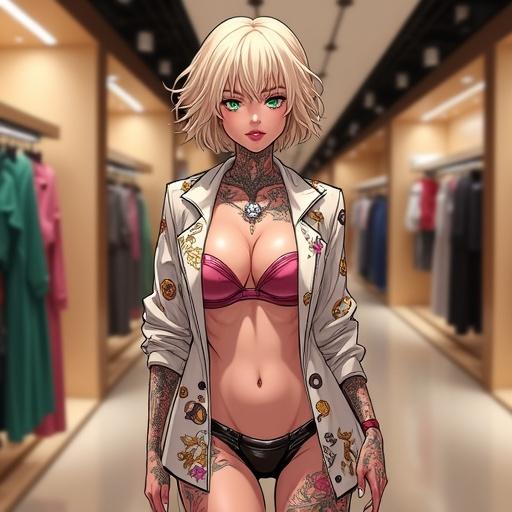 Anime styled character in a luxurious store. Woman with short blonde curly hair and emerald green eyes. Wearing sexy fishnet printed shirt and shiny shorts. Colorful traditional Japanese tattoos and light pink diamond jewelry. Background features Louis Vuitton store.