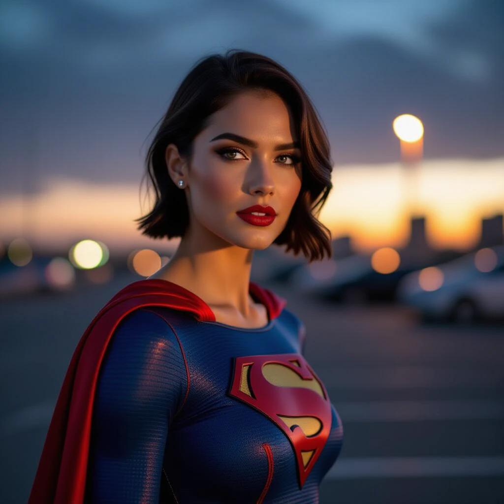 Photo of a female Supergirl character in superhero costume with red cape and short black hair. Tan skin with makeup and dark lips. Standing in city parking lot at night. Dark background with sunset. High detail in skin and eyes. Depth of field effect. Taken with DSLR camera.