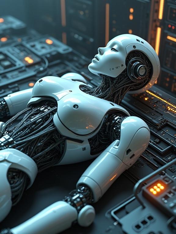 Hyperrealistic digital render of a humanoid robot with feminine characteristics resting in a high-tech laboratory. Intricate wires and cables connect the robot to a glowing computer console. The robot features polished chrome and synthetic skin with articulated joints. Soft clinical lighting reflects off surfaces, emphasizing realistic textures. Focus on details of wire connections and materials. Mood is quiet and technical.
