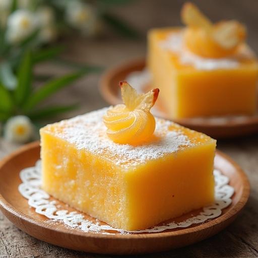 An image of a traditional dessert. The dessert is shaped like a square with a floral decoration on top. The dessert is placed on a wooden plate. The background features green leaves and soft lighting.