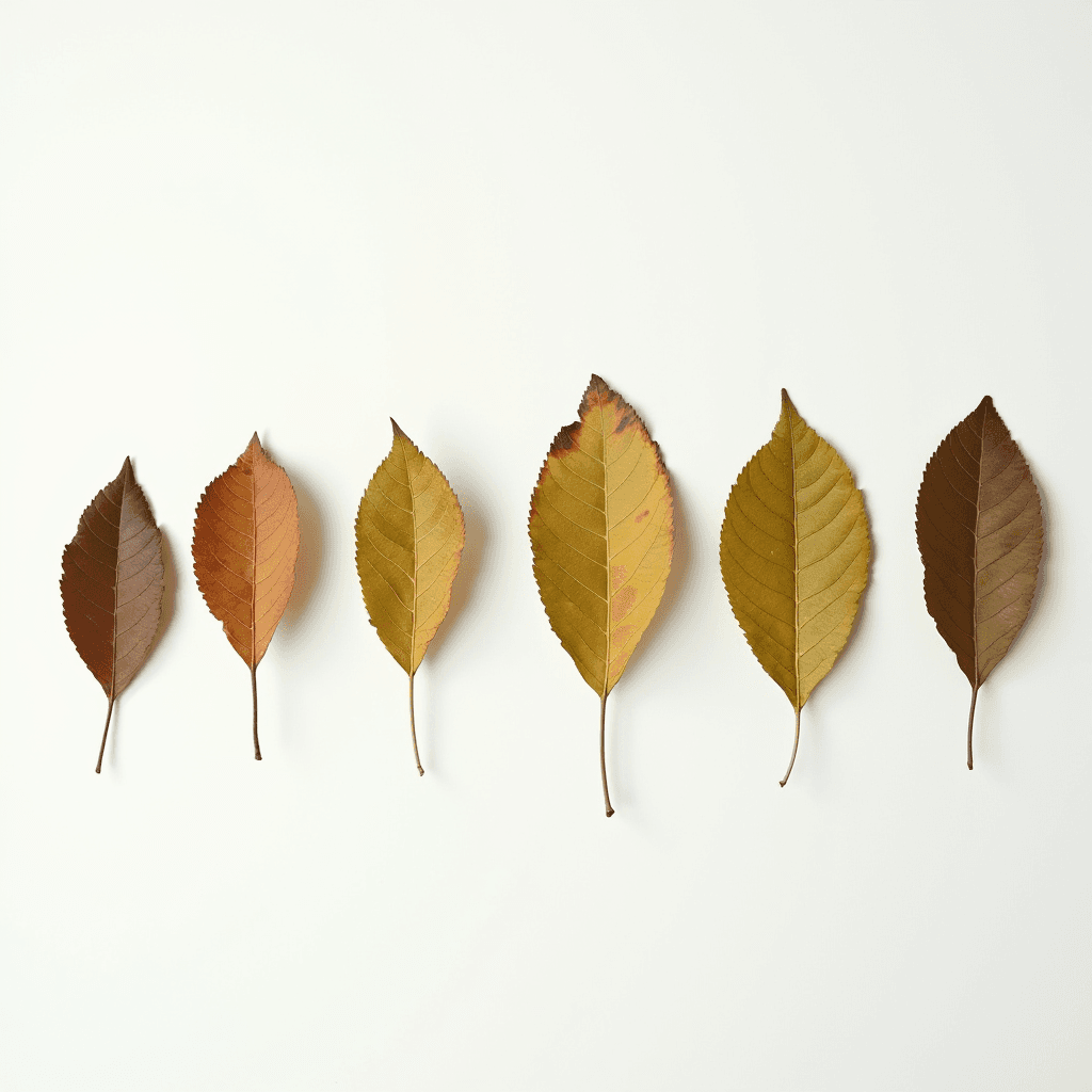 A lineup of six leaves arranged by color from brown to greenish on a white background.