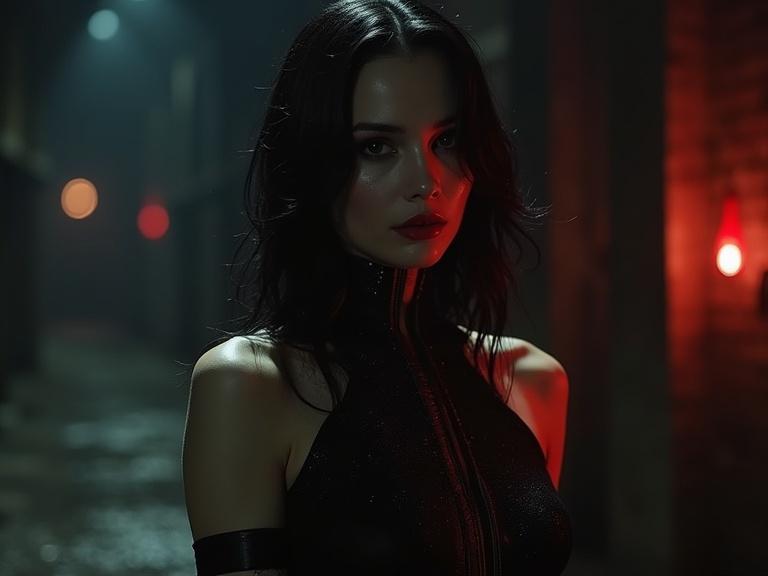 Urban fantasy setting with a gothic atmosphere. Asian woman dressed in a gothic outfit. Dark and moody lighting creates a haunting effect.
