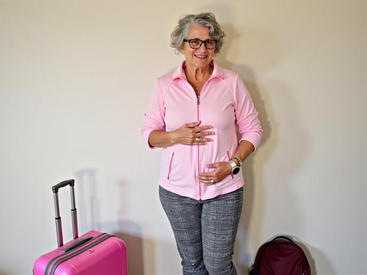 The image features a woman standing indoors. She has gray hair and is wearing glasses. Her outfit consists of a pink zip-up jacket and patterned gray pants. She has a watch on her left wrist and is holding her right hand over her stomach. To her left, there is a pink suitcase, and to her right, a maroon backpack is visible on the floor. The background is a simple wall with neutral colors.