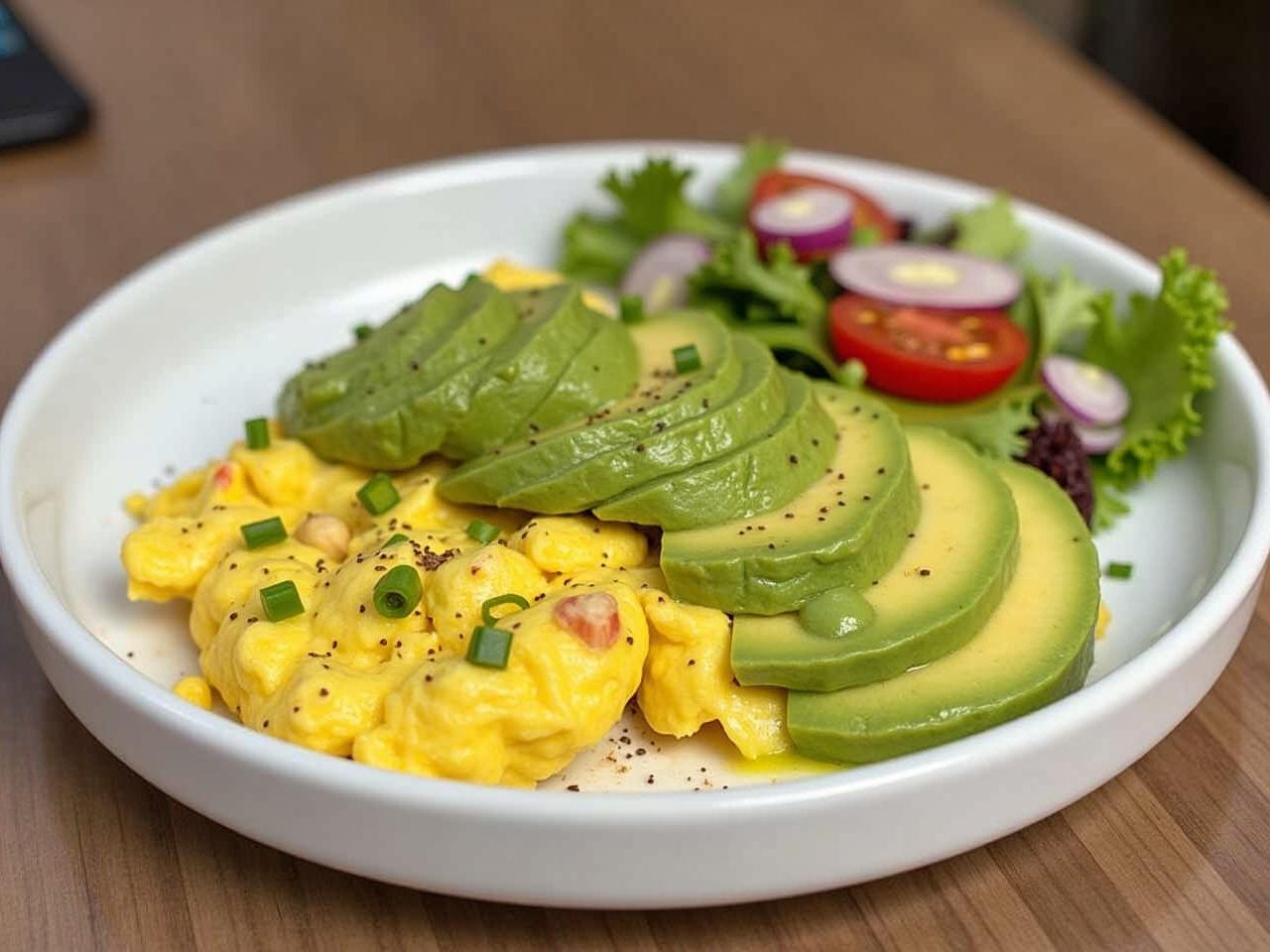 This image features a delicious plate of food showcasing scrambled eggs with creamy green avocado slices accompanied by a fresh side salad. The eggs are fluffy and lightly seasoned, promising a hearty meal. The avocado adds a rich texture and healthy fats, complementing the eggs perfectly. The side salad includes vibrant cherry tomatoes, radishes, and a variety of greens for a refreshing crunch. The dish is beautifully plated, making it visually appealing and inviting for a nutritious breakfast or brunch option.