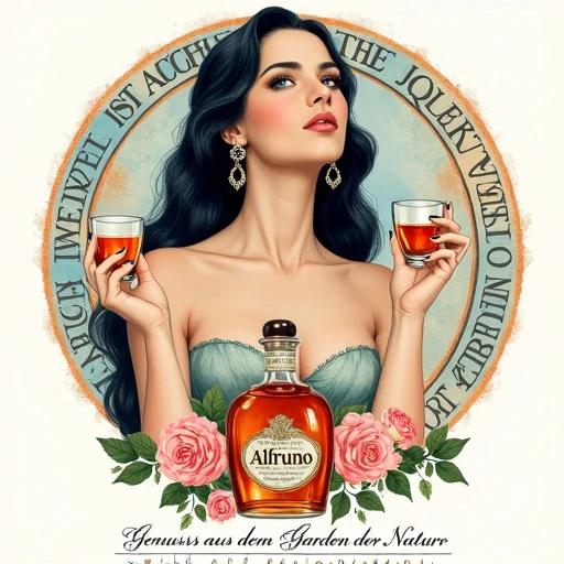 Watercolour art with vintage style. Central female figure in her mid-thirties. Long dark hair and fair skin. Holding two small glasses filled with amber herbal liqueur. Ornate dangling earrings. Bare shoulders. Background has circular design with watercolor effect. Blue and orange hues. Decorative border with text. Apothecary-style bottle labeled 'Alfruno'. Pink roses and green foliage arranged around bottle. Bottom text in serif font. Symmetrical and visually balanced composition.