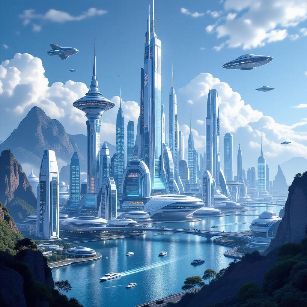 A futuristic city with soaring skyscrapers and advanced technology. A river flows through the city. Spaceships hover in the sky. Lush mountains are in the background. Architecture is sleek and innovative. The skyline is filled with high-tech structures.
