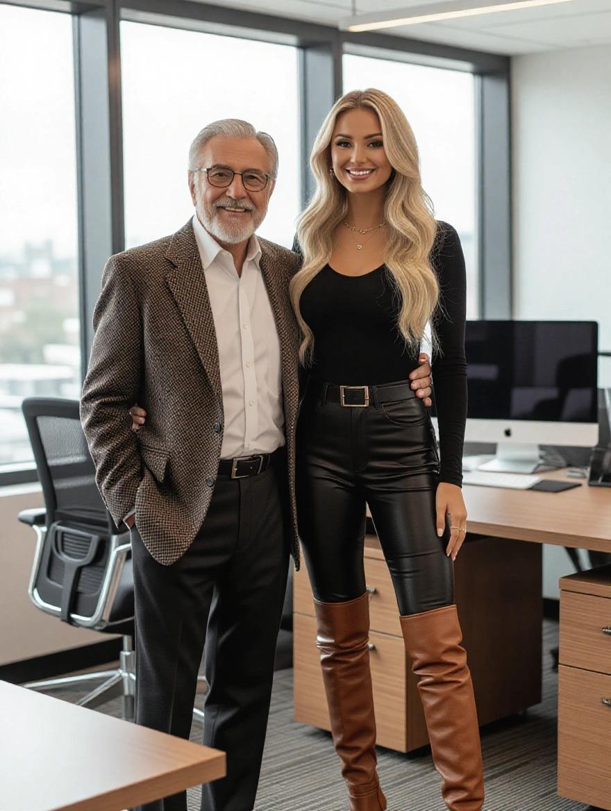 Photo realistic image shows a blonde model in tight black leather pants and brown over the knee boots. She poses with an older gentleman in an office. The model is smiling at the camera.