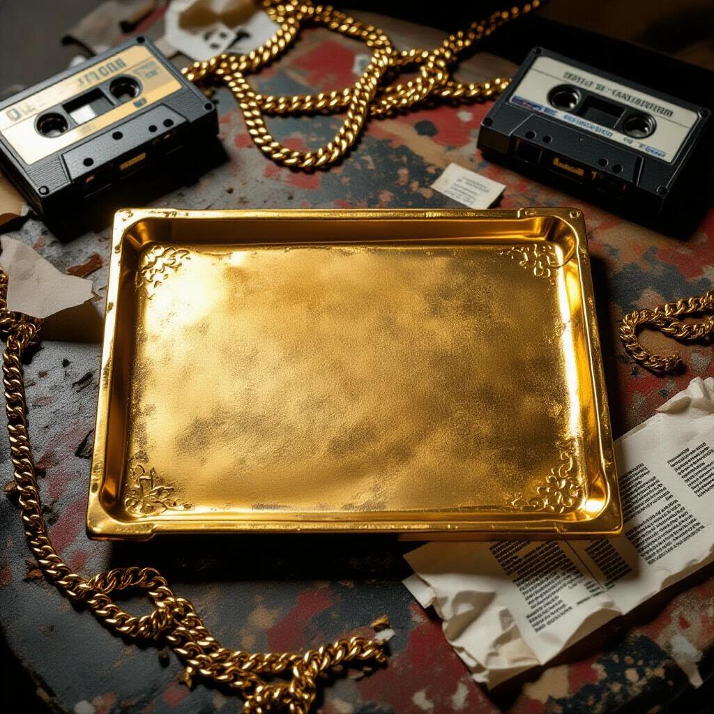 A gritty Brazilian funk album cover featuring a horizontal rectangular gold plate on a messy urban table. The plate is blank with a matte gold texture. Old cassette tapes and broken gold chains are around it along with wrinkled paper. The lighting highlights the gold. No people are present. The vibe is street-luxury with high detail.