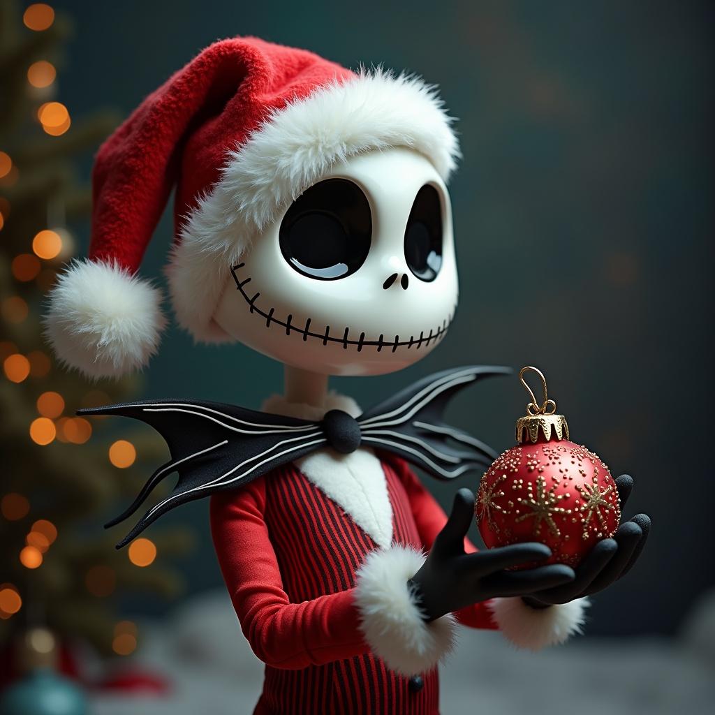 Jack Skellington dressed in a Santa outfit. Holding a festive bauble. The ornament features the name nincompoop.