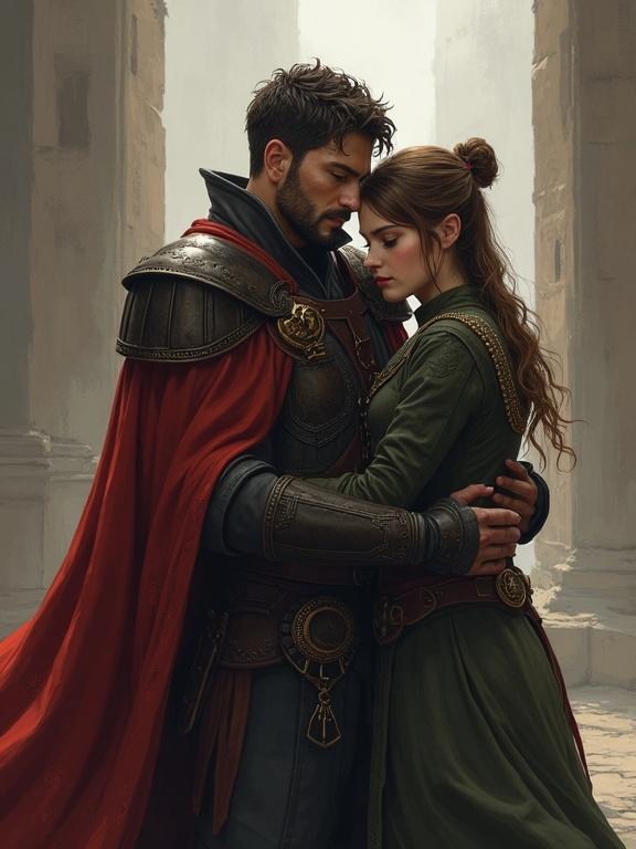 Portrait of two characters in medieval clothing embracing. A military man in a red cloak gazes at a woman in a green dress. Their hair and clothing suggest a fantasy setting. An ancient stone background adds to the magical atmosphere.