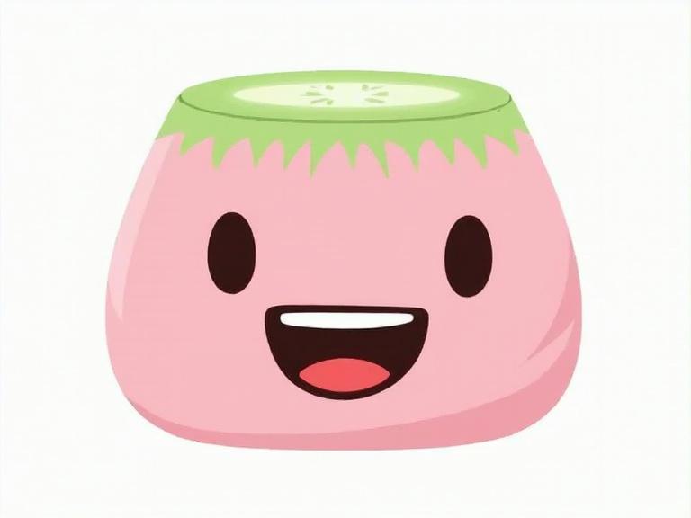 This image shows a cute pink cucumber emoji. The top of the cucumber is light green with a slice depicted. The cucumber has a big smiling face with two eyes. It represents happiness and enjoyment.