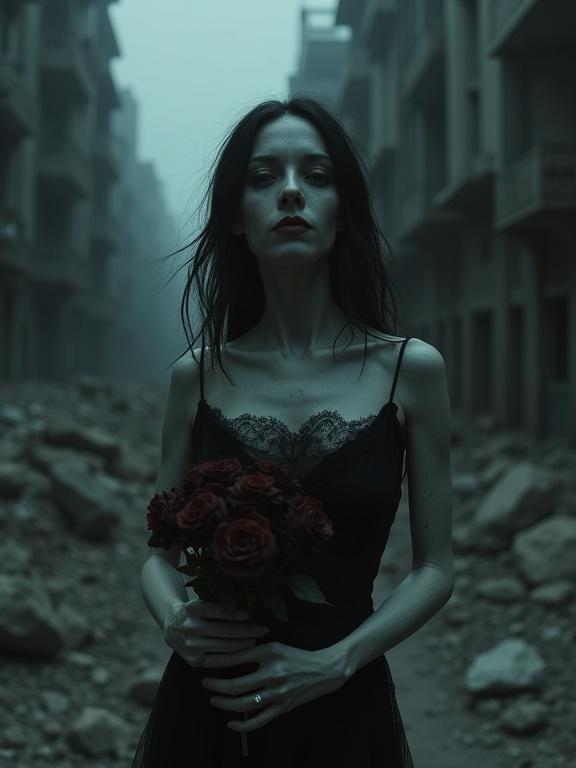 Adult woman in an apocalyptic urban setting. Pale expressionless figure holds wilted dark roses. Surrounded by rubble and deep shadows. Nighttime lighting enhances cold colors. High-resolution realistic style evokes mystery and unease.