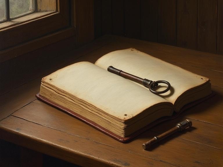An open journal sits on a wooden table. A vintage key rests on the pages of the journal. The setting includes soft highlights and earthy tones rendered in oil painting style, depicting 19th-century realism.