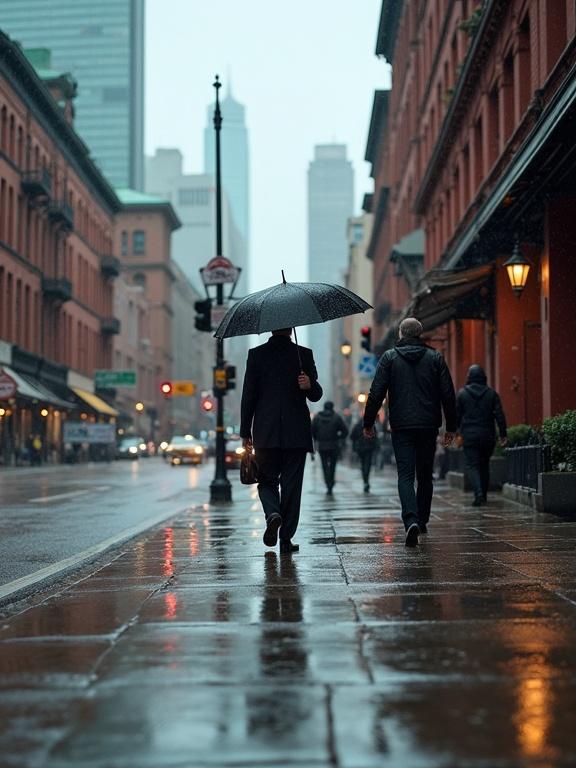 Photo of a rainy city street with wet pavement reflecting buildings and people. Low angle shot shows a person holding a black umbrella, wearing dark clothes, walking on the sidewalk. Red brick building with green roof in background and modern skyscrapers in the distance. Traffic lights and street signs visible in blurred background. Overcast sky creates a moody atmosphere with reflective puddles.