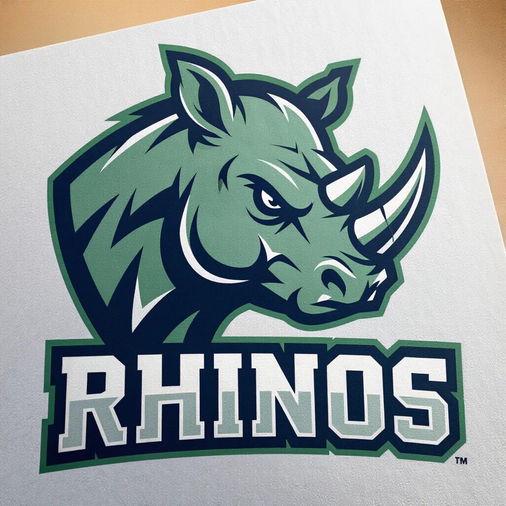 Logo design for local football team named Rhinos. Green blue white color scheme. Strong stylized rhino head graphic. Displayed in a three-quarter angle. Bold expression with sharp lines. Large blocky letters spelling Rhinos underneath. Horn points slightly forward. Represents motion and strength.