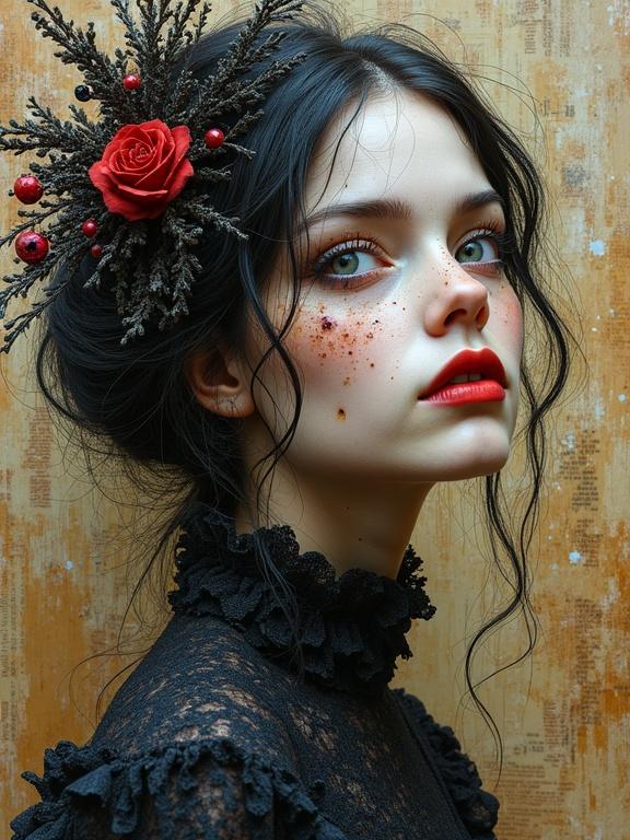 Close-up photography of a lady showcasing Gothic style. Focus on a beautiful hairpiece with a red rose and decorative elements. Highlight mixed media textures like jute and glitter. Emphasize depth with multilayered composition. Use of luminous colors. High resolution with a stunning artistic feel.