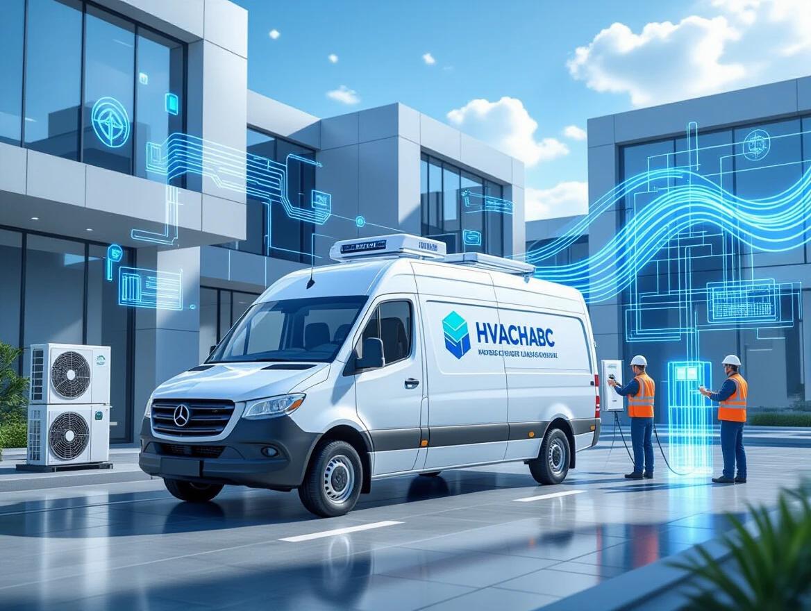 Detailed banner depicting a modern HVAC installation company. Scene features a white van with logo. Technicians installing AC units. Modern buildings in background. Glowing airflow effects and digital schematics. Bright, blue sky indicating innovation and expertise.