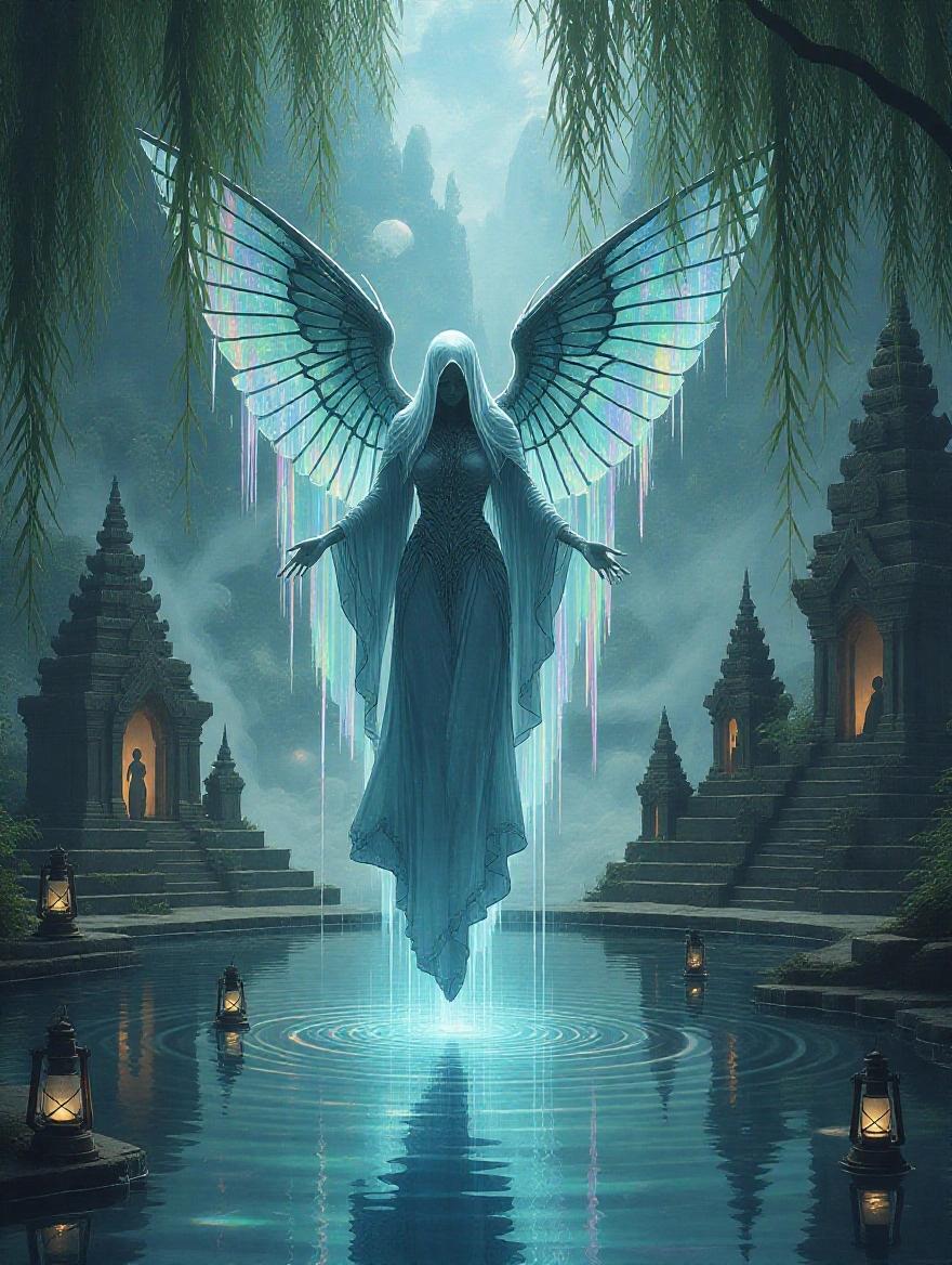 Translucent angel with moth wings floats on lake. Body woven with smoke and moonlight. Crumbling inverted temples under water shelter faint souls. Angel's mantle drips iridescent oil, creating rainbow ripples. Willows weep ash with unlit lanterns flickering whispers.