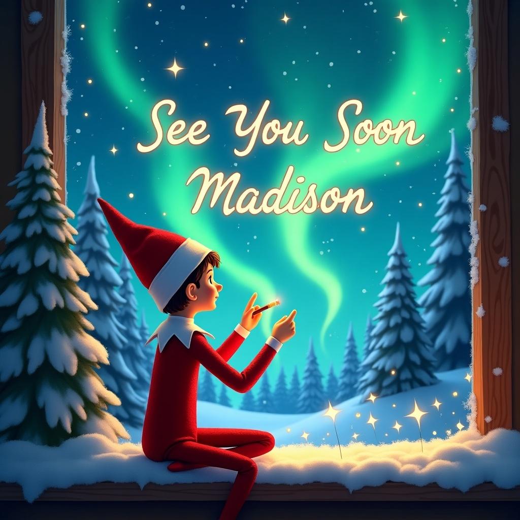 A whimsical scene featuring a girl elf on the shelf, dressed in red, sitting by a window. She is focused on writing 'See You Soon Madison' in the sky. The background showcases beautiful northern lights illuminating the dark blue sky. Snowy evergreen trees are visible outside the window, adding to the winter charm. The overall atmosphere is magical and festive, perfect for a holiday theme.