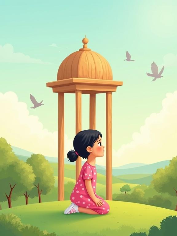 2D digital illustration of a little girl on green grass. Girl kneels, wearing pink polka-dotted dress and white shoes. Behind her, wooden structure of five pillars with dome-shaped roof. Background shows green hills, trees, and birds. Soft sky-blue sky with light clouds. Warm sunny glow, top area shaded for Arabic title text.
