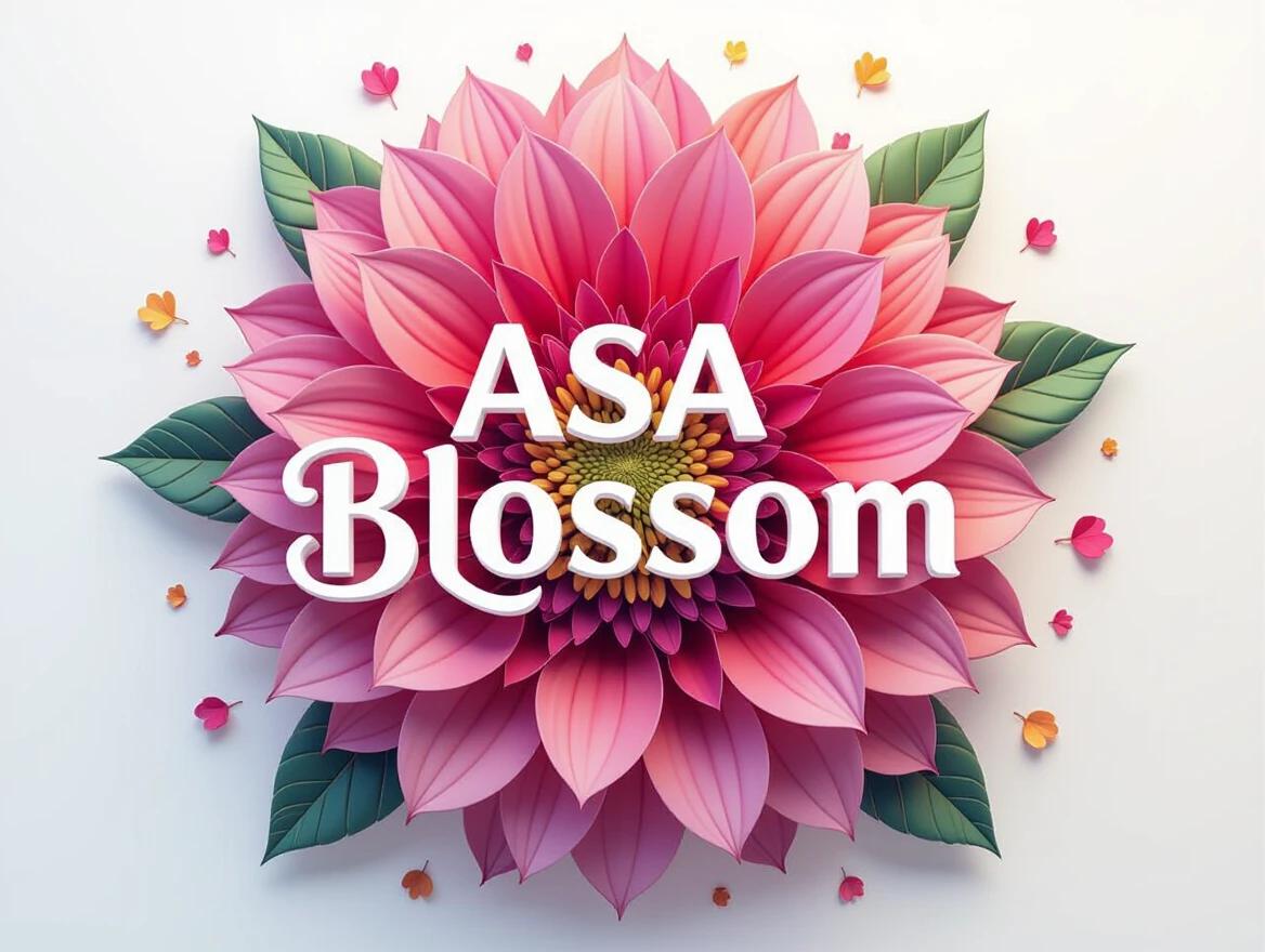 Logo features the text 'ASA Blossom' with a magical and surreal design. A vibrant flower with multicolored petals surrounds the text. Background is white. Playful and inviting tone. Evokes a dreamy atmosphere.