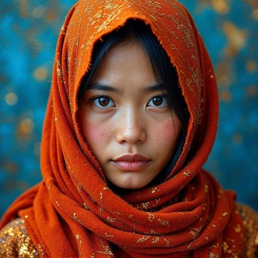 Dynamic portrait of a Tibetan woman. She has an amber gaze and wears a tattered orange hijab. The background features a blue sky with kintsugi effects and volumetric golden rain light. The woman’s clothing is made of red cashmere. There is a Kashmir lake in the scene with turquoise shades and a traditional shikara boat. A misty sun surrounds her.