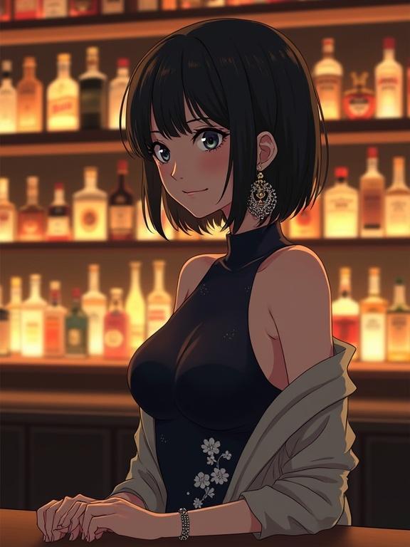 An anime-style woman with short dark hair and bangs smiles while looking slightly to her right. Light blue eyes, wearing a dark form-fitting dress or top with a white floral pattern, along with a light jacket draped over shoulders. She has large earrings and a bracelet on her left wrist. Elegant appearance. Background features well-lit bar interior with shelves of liquor bottles. Warm glow from bottles creates inviting atmosphere.