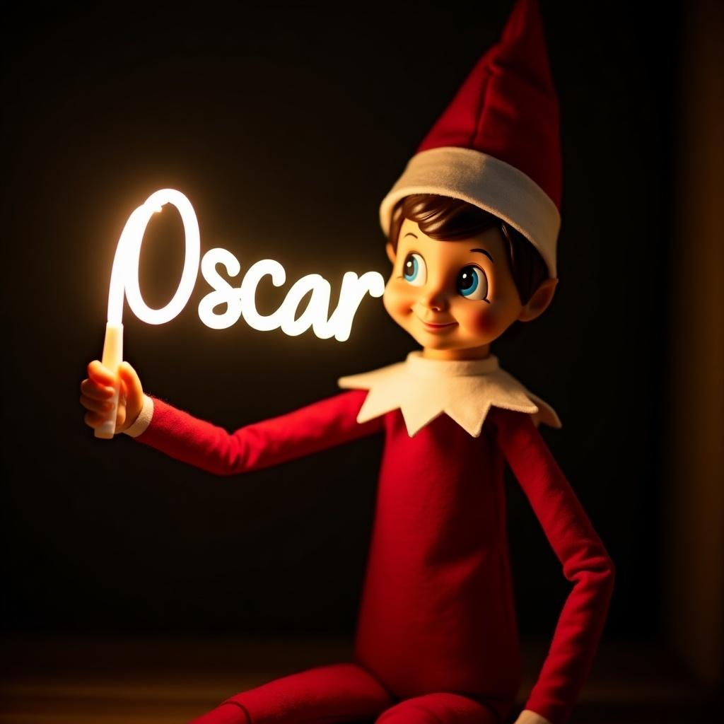 This image features an elf on the shelf character, dressed in traditional red and white attire. The elf is holding a glow stick that forms the name 'Oscar' in bright, soft light. The background is dark, enhancing the glowing effect of the text. It creates a warm, festive atmosphere, embodying the joy of the holiday season. The scene evokes feelings of magic and cheer associated with Christmas celebrations.