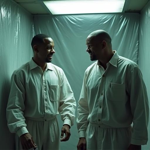 Scene depicts a conversation between two male characters in a plastic-covered room. One character is showing the other how to wrap a body. The second character is amused and holds duct tape incorrectly. The scene has a bright overhead light and conveys a darkly comedic tone.