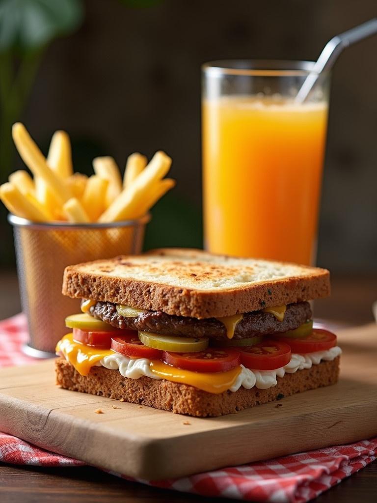 A delicious burger sandwich with four slices of bread topped with pickles tomatoes and cheese sits on a wooden board. A side of crispy fries is in a small metal cup next to a tall glass of fresh orange juice. Natural lighting enhances the presentation of the meal.