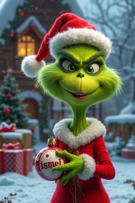 Grinch character dressed in a Santa outfit. Green skin with a playful face. Background features snow and a cozy house. Christmas decorations present. Nearby wrapped gifts. Character holds an ornament labeled Ismael.
