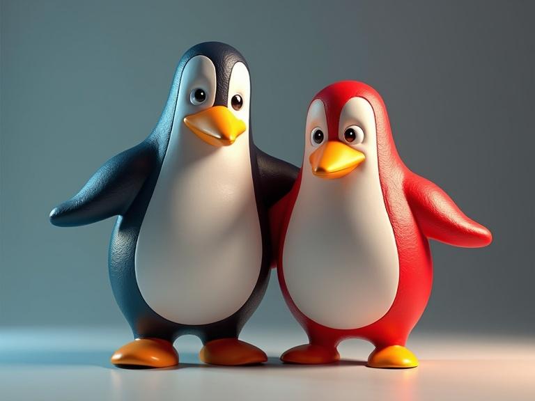 3D illustration of two cartoon-style penguin characters. One penguin is predominantly black while the other is red. They appear friendly and are designed to be mascots for a gaming brand.