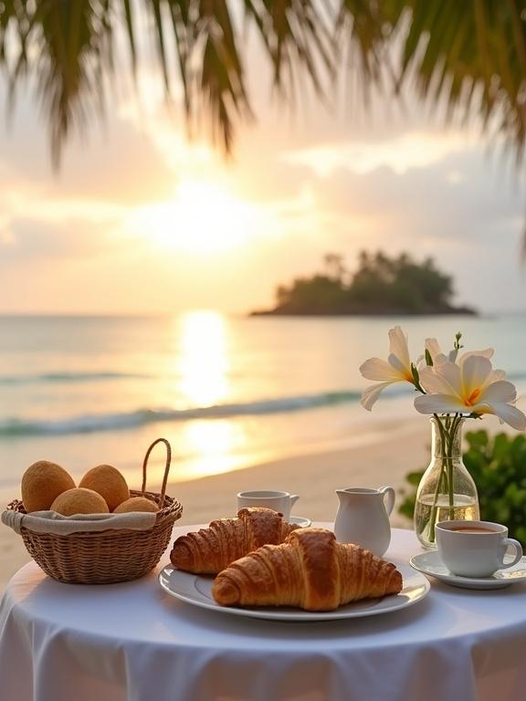 A peaceful beach setting during sunrise or sunset. A white table with an elegant tablecloth features a basket of baked goods and white flowers in a vase, with calm sea and distant island in the background.