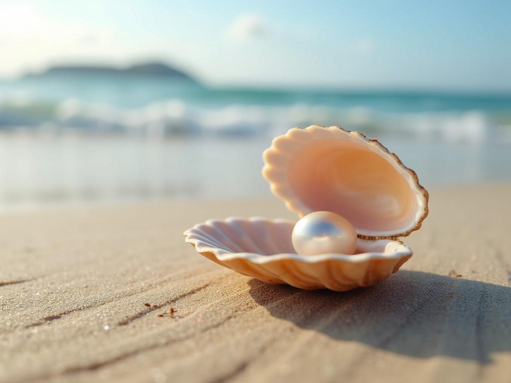 A close-up view of an open shell on a sandy beach. The shell is positioned elegantly with its natural colors displayed. Inside the shell, a lustrous pearl is resting, catching the light beautifully. In the background, there are soft waves and a blurred coastline. The sand around the shell has gentle ripples, creating a serene atmosphere.