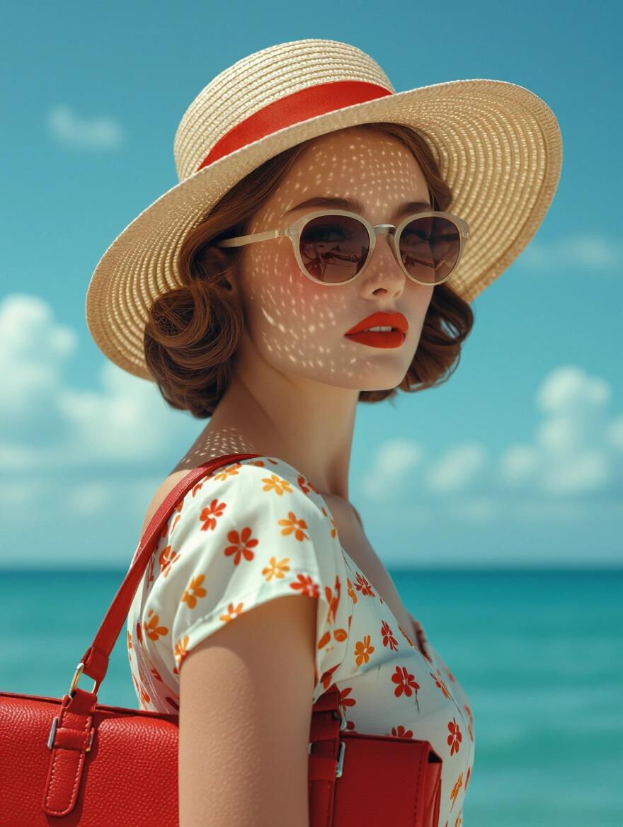 A hyper realistic photo showcases a woman dressed in vintage summer attire. The outfit is adorned with colorful flowers. A vibrant red handbag hangs on her shoulder. The background features a serene sea with a clear blue sky. This image embodies the essence of summer elegance and sophistication.
