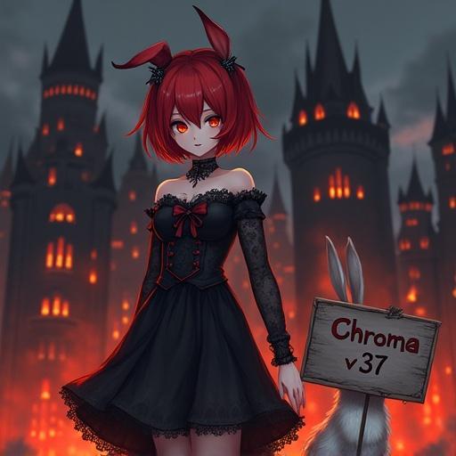 Anime art style features a girl with a gothic dress and red hair. Background includes a dark castle with fire and lava. A hare holds a sign that reads 'Chroma v37'.