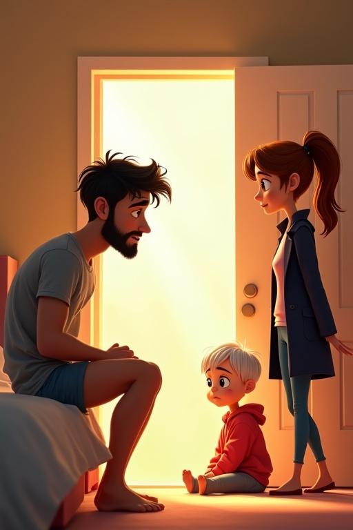 Stylized cartoon scene in a Pixar-style 3D animated universe. Bright sunlit bedroom with warm shadows. Husband sits on edge of bed with pleading expression. Wife stands near the door with shock visible. Young girl sits on floor in oversized hoodie. Light conveys tension and confusion.