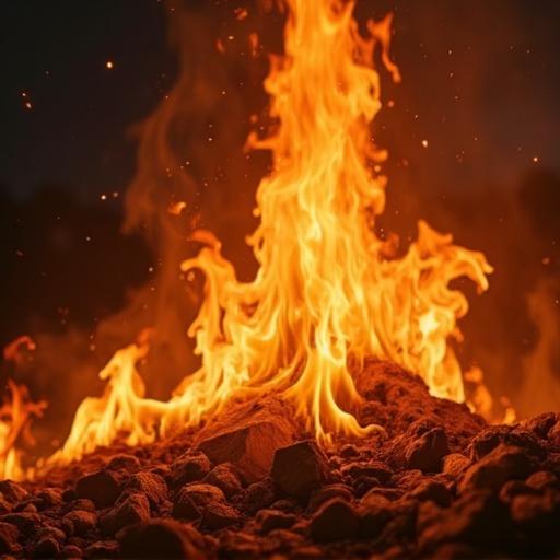 Close view of bright flames rising fiercely. Flames appear dynamic and lively. Background is dark to accentuate fire's brightness.