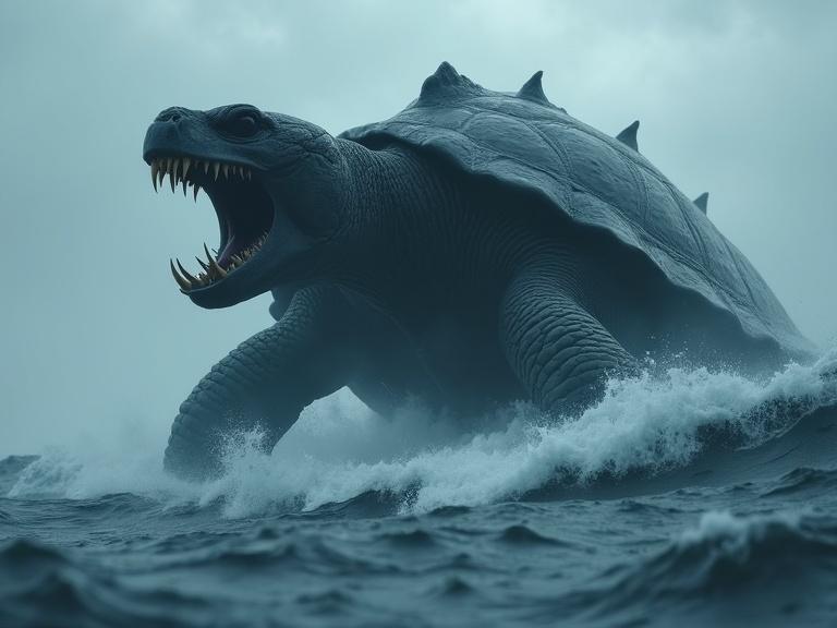Dark cinematic scene of a huge turtle creature partially breaching ocean waves. Creature has a dark greyish blue textured shell and a menacing head with tusk teeth. Powerful claws and thick neck. Ocean is turbulent with waves, mist, and rain. Dramatic lighting and shadows enhance the realism of the scene.