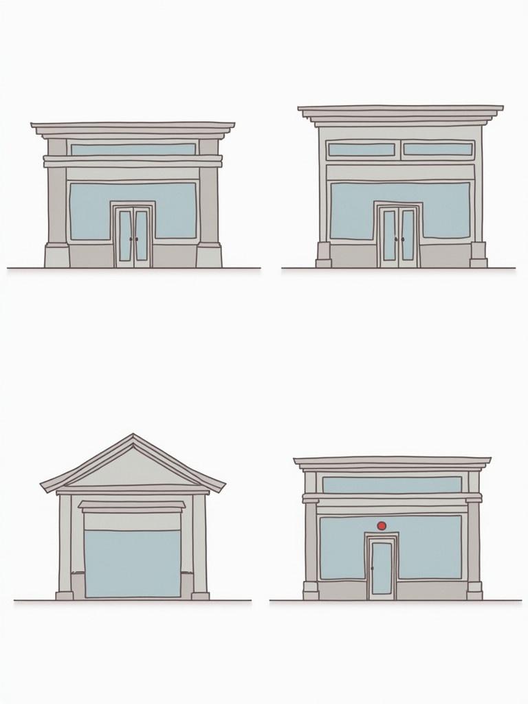 Illustration shows store from four angles. Front view details exterior. Back view shows access. Right side displays architecture. Left side highlights features.