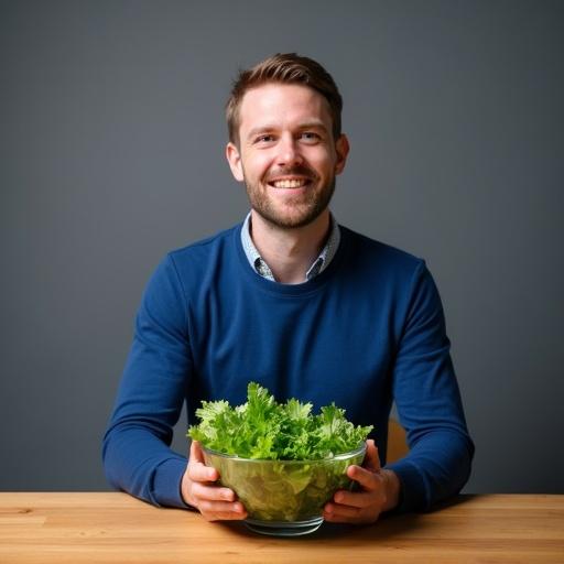 A man in a blue long-sleeved shirt sits at a modern minimalist wooden dining table. He holds a glass bowl filled with fresh green vegetables in both hands. The leaves in the bowl have water droplets. High-contrast lighting highlights his confident smile against a gray gradient background. Metal tableware and wood grain texture show a stylish product photography look with a healthy diet theme.