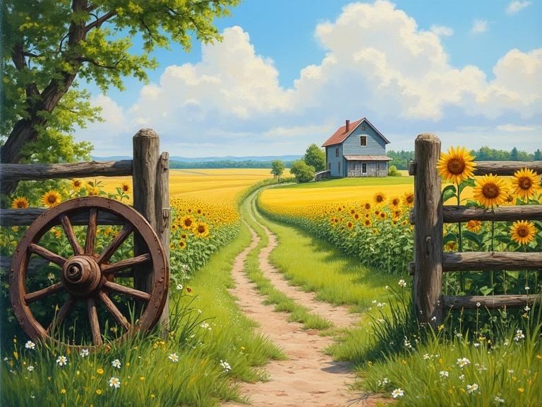A serene countryside landscape bright sunny day. A Neo-Romanian house split-rail fence weathered wagon wheel lush grass small wildflowers. Narrow dirt path leads into sunflowers wheat fields.