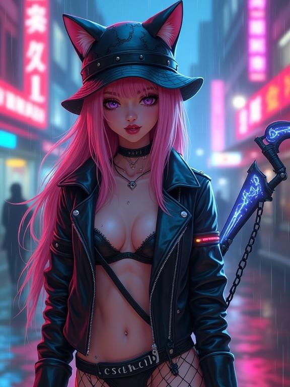 Create a full-body illustration of a female warrior in a cyberpunk setting. She has long pink hair with red tips, wearing a black winter hat with cat ears, and a leather jacket. The background features a futuristic cityscape with neon signs. She has cybernetic tattoos and a glowing glaive. The atmosphere is rainy, and she exhibits a flirty pose with her tongue out, looking directly at the camera.