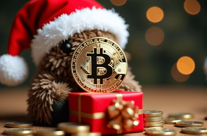 A teddy bear in a Santa hat holds a Bitcoin coin on top of a wrapped gift.