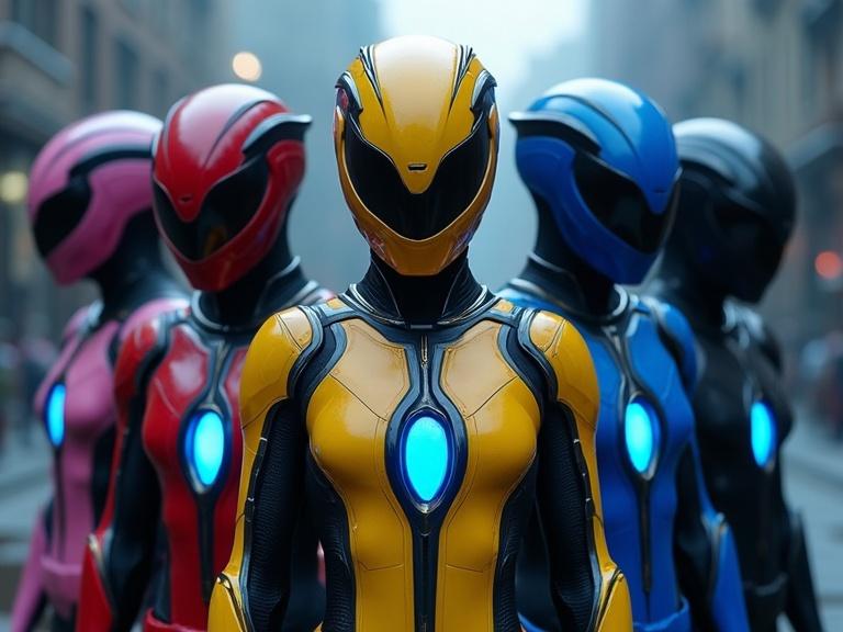 A cinematic scene featuring five young Power Rangers in colorful exo armor. Rangers in red, blue, yellow, black, and light purple. Armor has glowing accents, dark blue lighting, and a realistic finish. They stand confidently on a cloudy urban street, showcasing detailed textures and sleek designs.