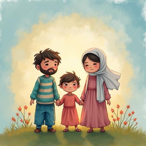 An illustration of a family consisting of a father and mother with two children holding hands. The father has a beard and is wearing a striped shirt. The mother is wearing a long dress and a headscarf. They are standing outside among flowers under a soft background light.