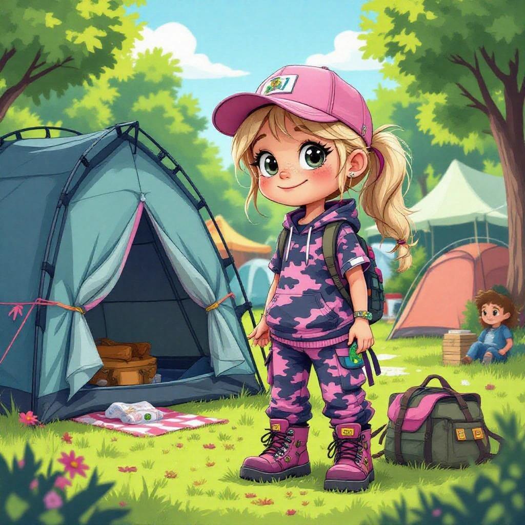 Cartoon girl named Brianna Jr at a music festival. She's packing her tent. She has long light-blonde hair tied in a ponytail. Wears a dark pink baseball cap and a camouflage outfit. Background features multiple tents.