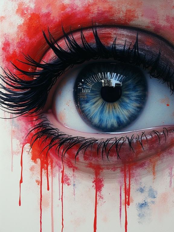 A woman's silhouette eye is depicted. The painting features a highly detailed iris with shifting colors. The artwork includes rough brush strokes and a glitch style. Background is completely black.